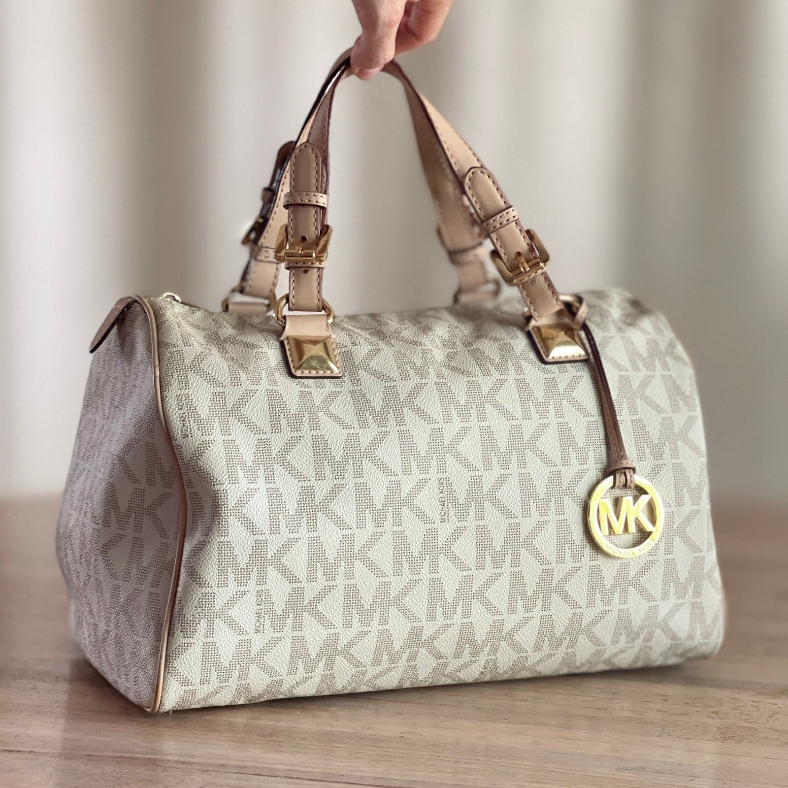 Michael Kors Grayson Large Pvc Satchel Vanilla Monogram Handbag Gold Tone